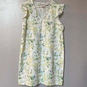 Laura Ashley 100% Linen Floral Print Dress V Neck sz Large flutter sleeve